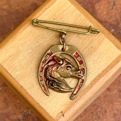 Estate French Brass Horse Head Enamel Brooch
