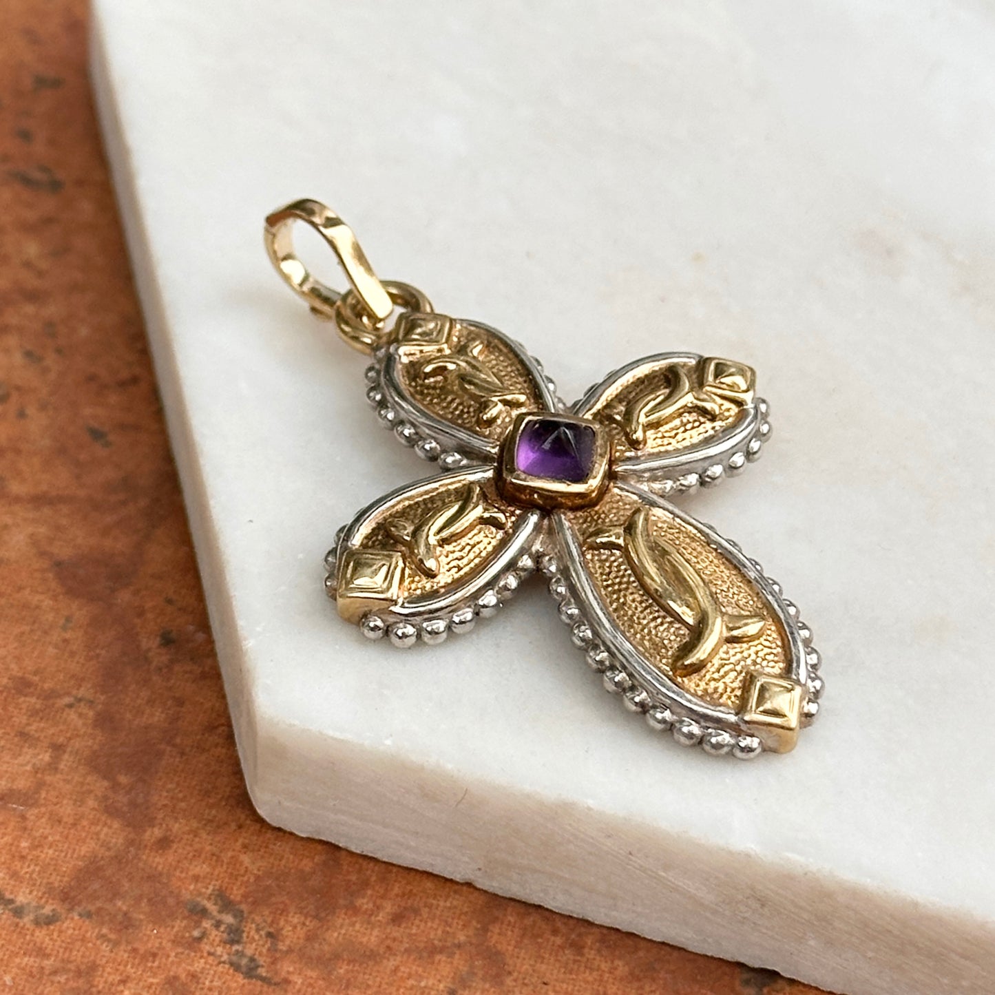 Estate 14KT Yellow Gold + White Gold Byzantine Amethyst Cross Pendant Enhancer