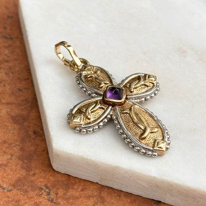 Estate 14KT Yellow Gold + White Gold Byzantine Amethyst Cross Pendant Enhancer