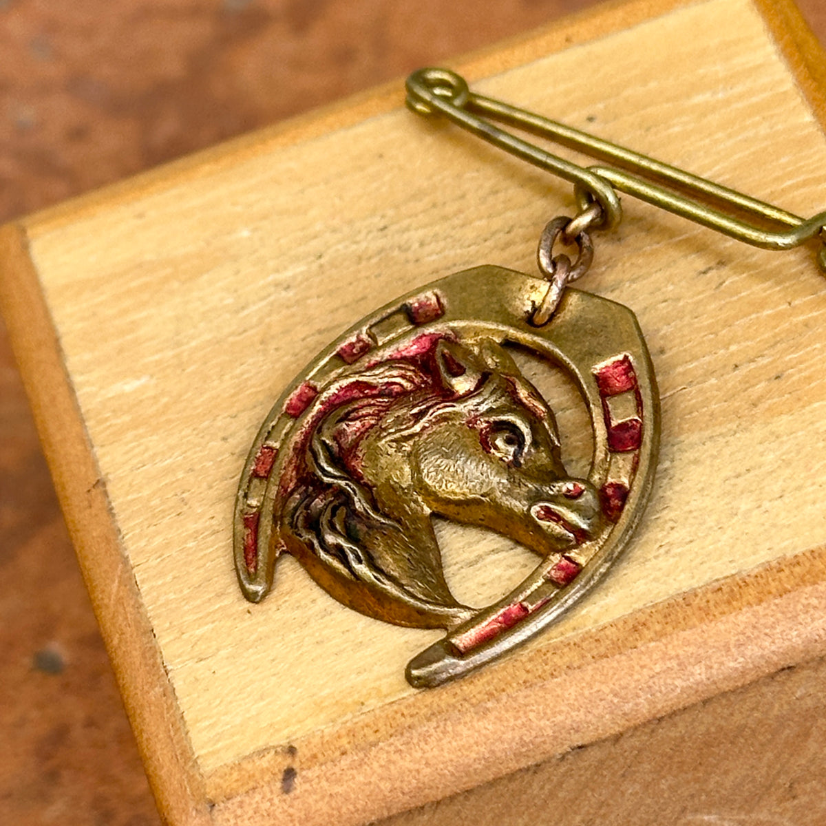 Estate French Brass Horse Head Enamel Brooch