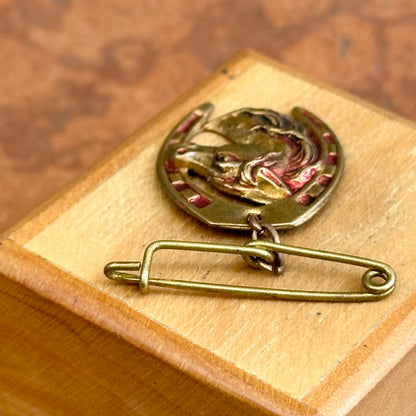 Estate French Brass Horse Head Enamel Brooch