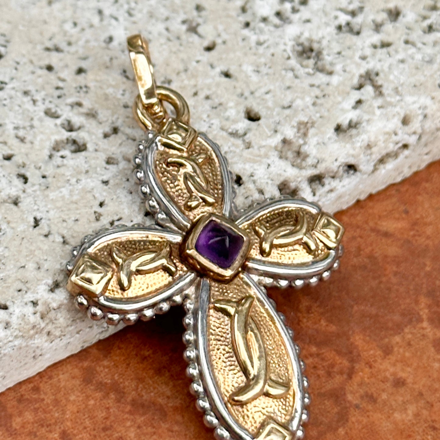 Estate 14KT Yellow Gold + White Gold Byzantine Amethyst Cross Pendant Enhancer