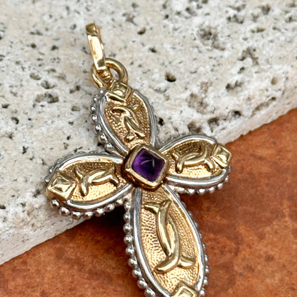 Estate 14KT Yellow Gold + White Gold Byzantine Amethyst Cross Pendant Enhancer