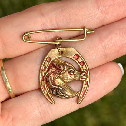 Estate French Brass Horse Head Enamel Brooch