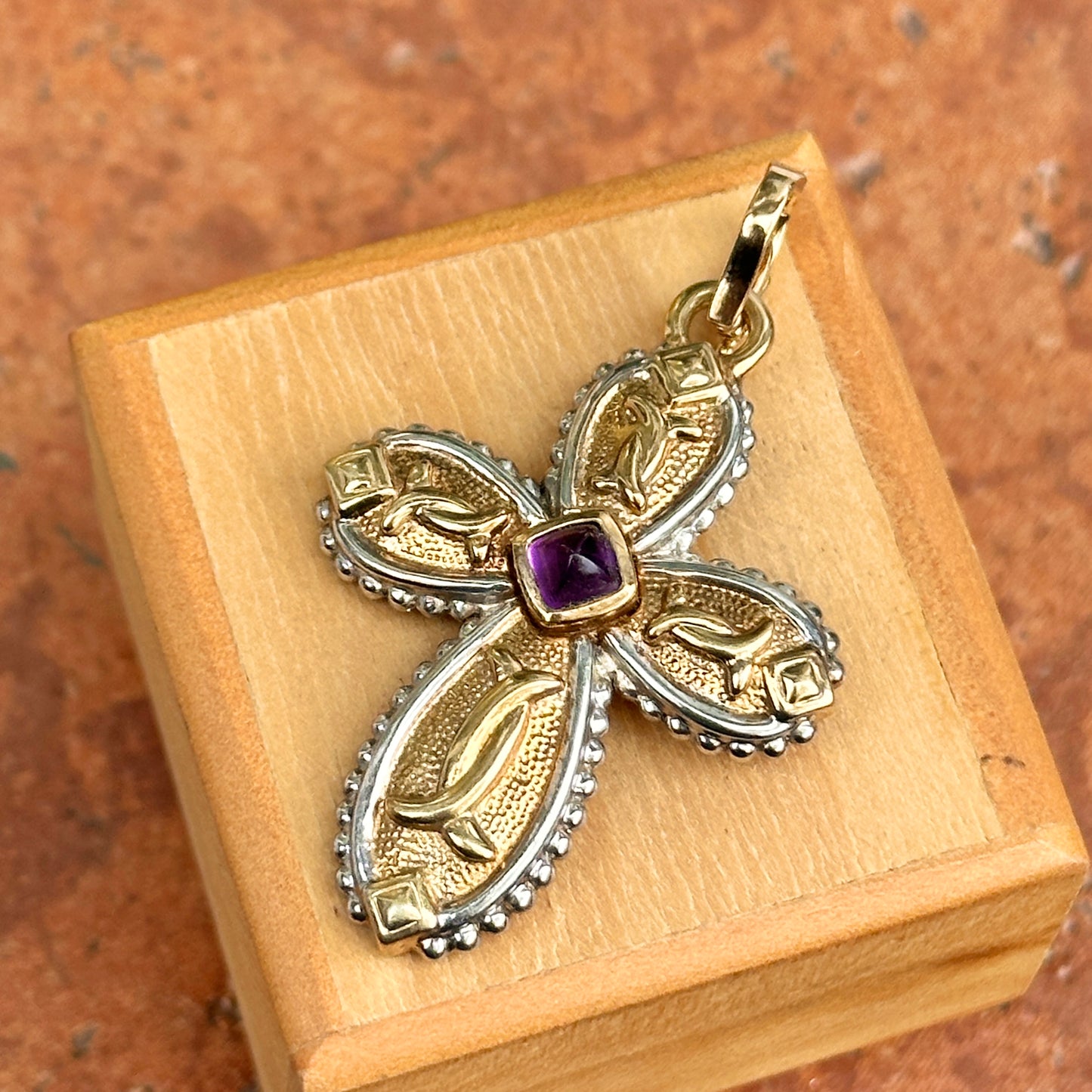 Estate 14KT Yellow Gold + White Gold Byzantine Amethyst Cross Pendant Enhancer