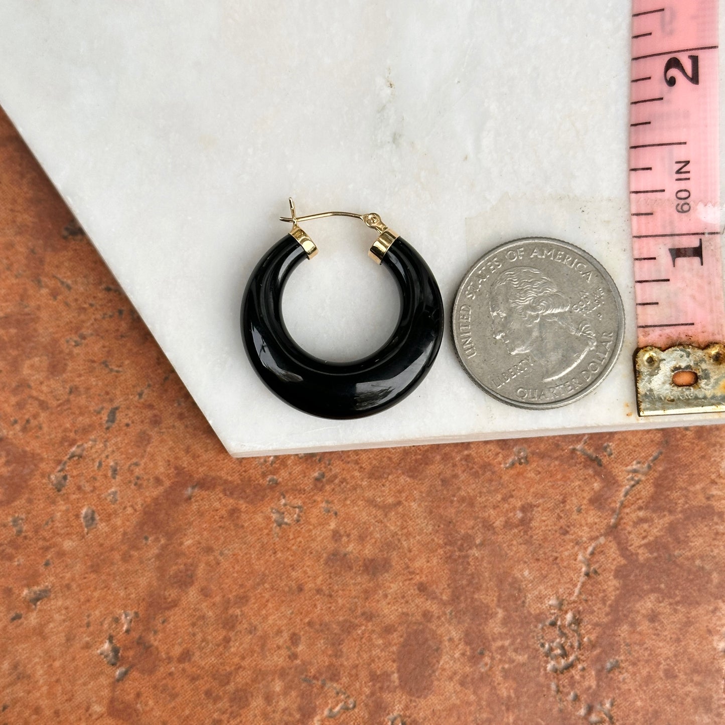 Estate  14KT Yellow Gold Round Graduated Black Onyx Hoop Earrings