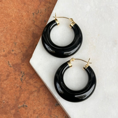 Estate  14KT Yellow Gold Round Graduated Black Onyx Hoop Earrings