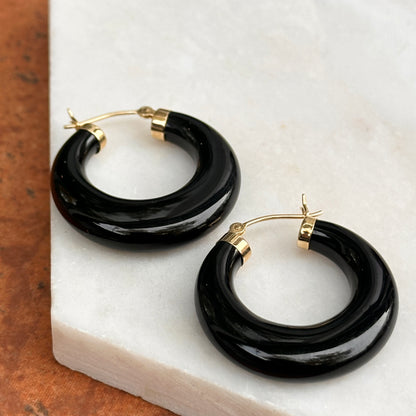 Estate  14KT Yellow Gold Round Graduated Black Onyx Hoop Earrings