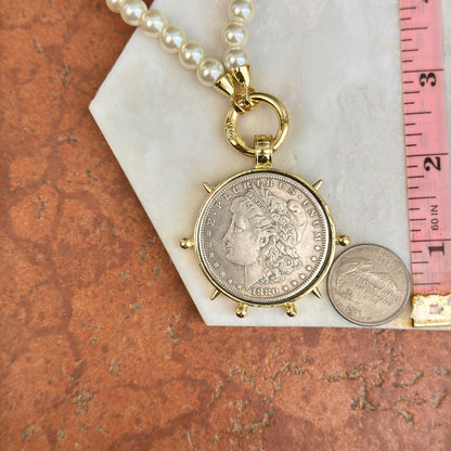 Estate Gold-Plated Silver Lady Liberty One Dollar Coin Bezel on Faux Pearl Necklace