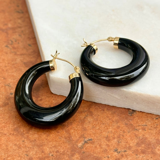 Estate  14KT Yellow Gold Round Graduated Black Onyx Hoop Earrings