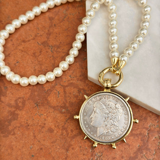 Estate Gold-Plated Silver Lady Liberty One Dollar Coin Bezel on Faux Pearl Necklace