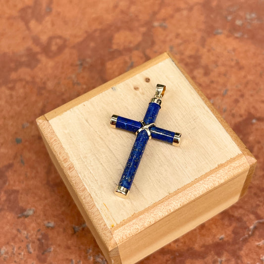 Estate 14KT Yellow Gold Detailed Blue Lapis Cross Pendant