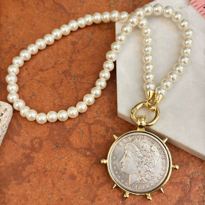 Estate Gold-Plated Silver Lady Liberty One Dollar Coin Bezel on Faux Pearl Necklace