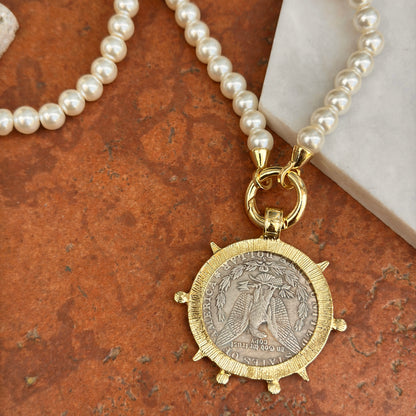 Estate Gold-Plated Silver Lady Liberty One Dollar Coin Bezel on Faux Pearl Necklace