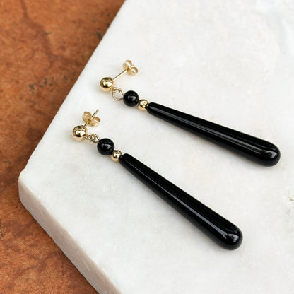 Estate 14KT Yellow Gold Teardrop Black Onyx Dangle Earrings