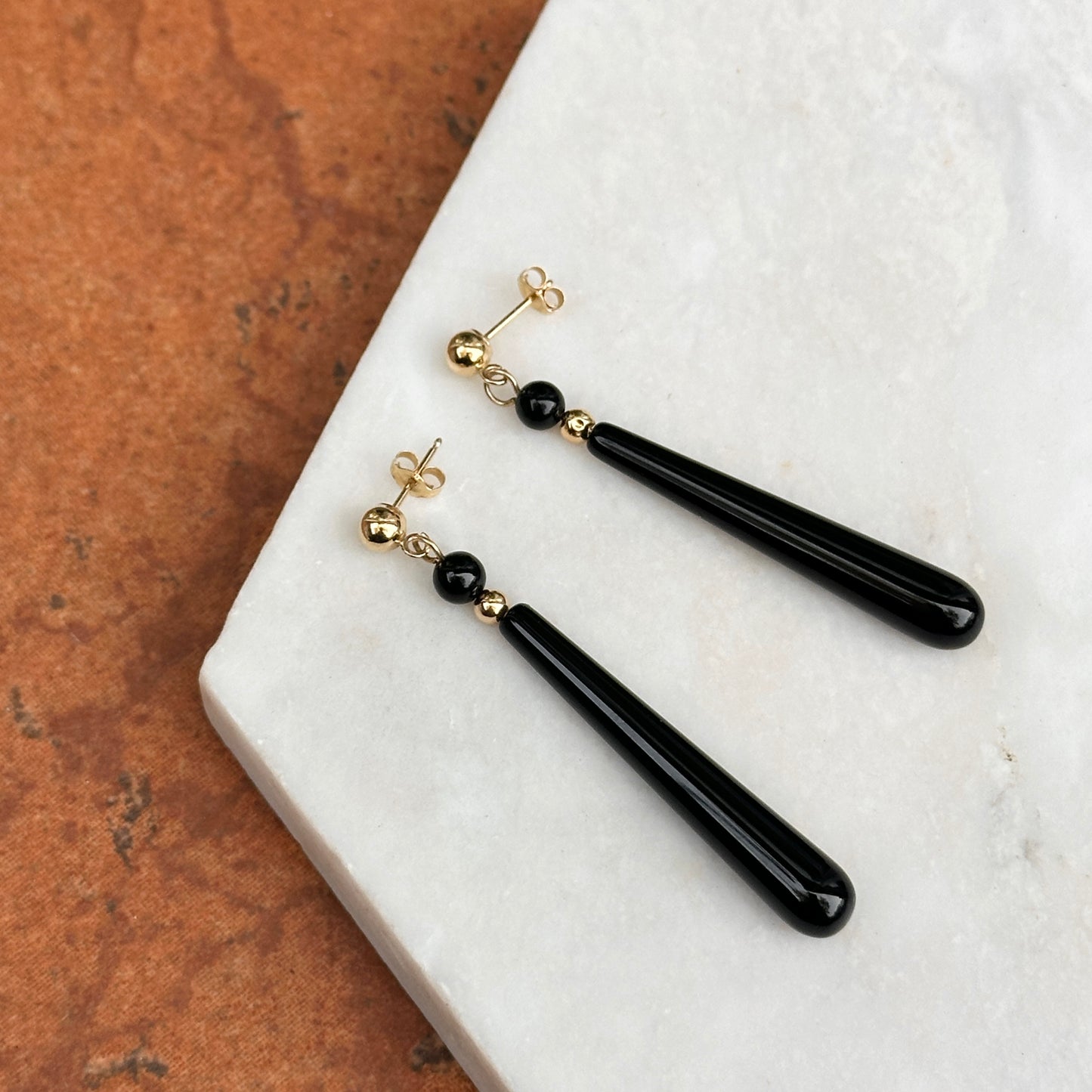 Estate 14KT Yellow Gold Teardrop Black Onyx Dangle Earrings
