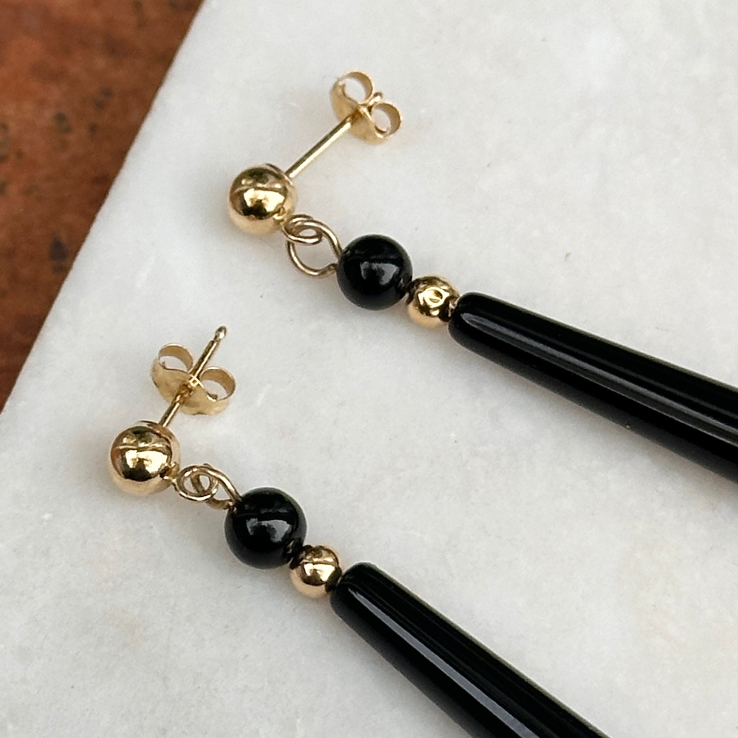 Estate 14KT Yellow Gold Teardrop Black Onyx Dangle Earrings