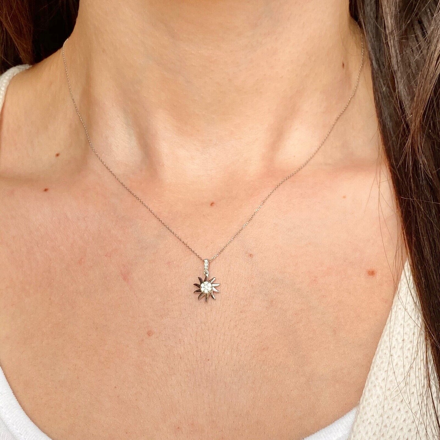 14KT White Gold Diamond Fancy Sun Small Pendant Charm