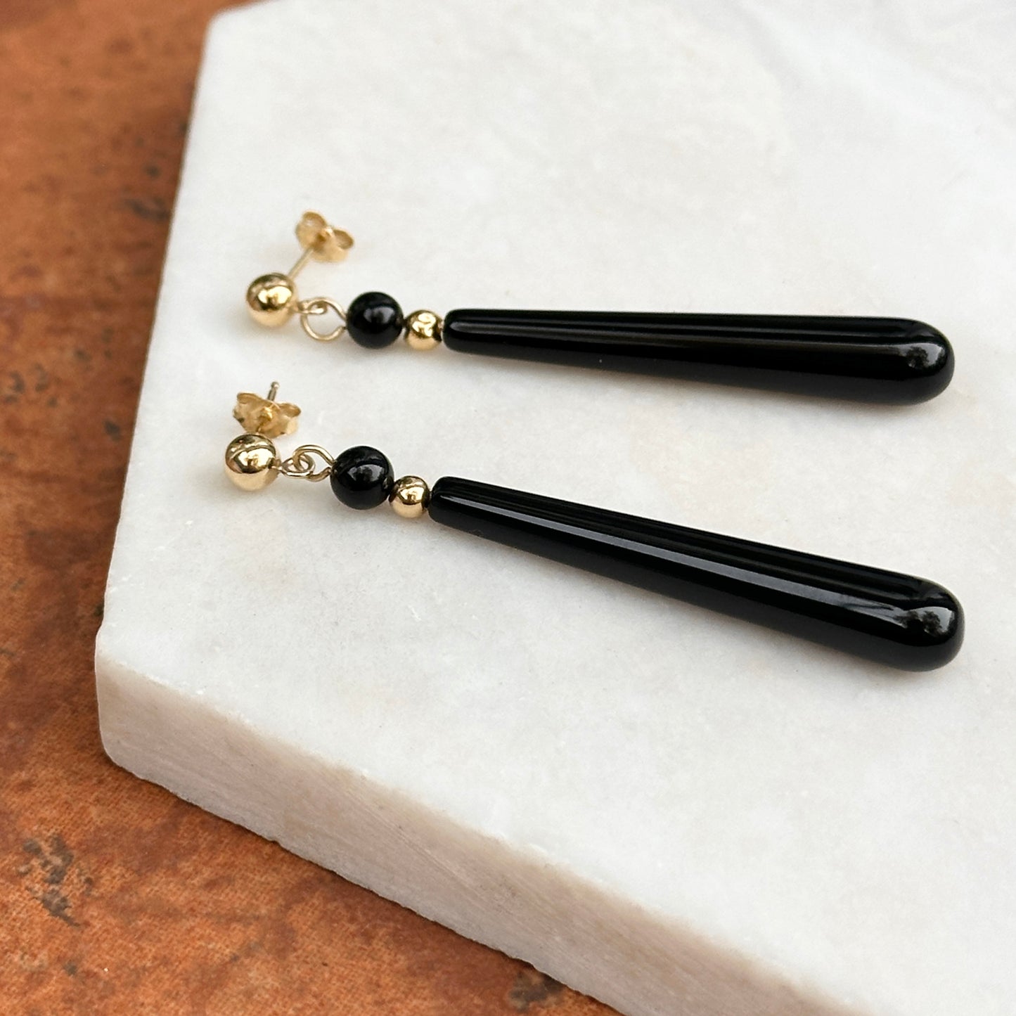 Estate 14KT Yellow Gold Teardrop Black Onyx Dangle Earrings