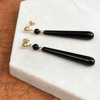 Estate 14KT Yellow Gold Teardrop Black Onyx Dangle Earrings
