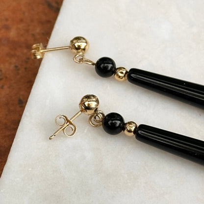 Estate 14KT Yellow Gold Teardrop Black Onyx Dangle Earrings
