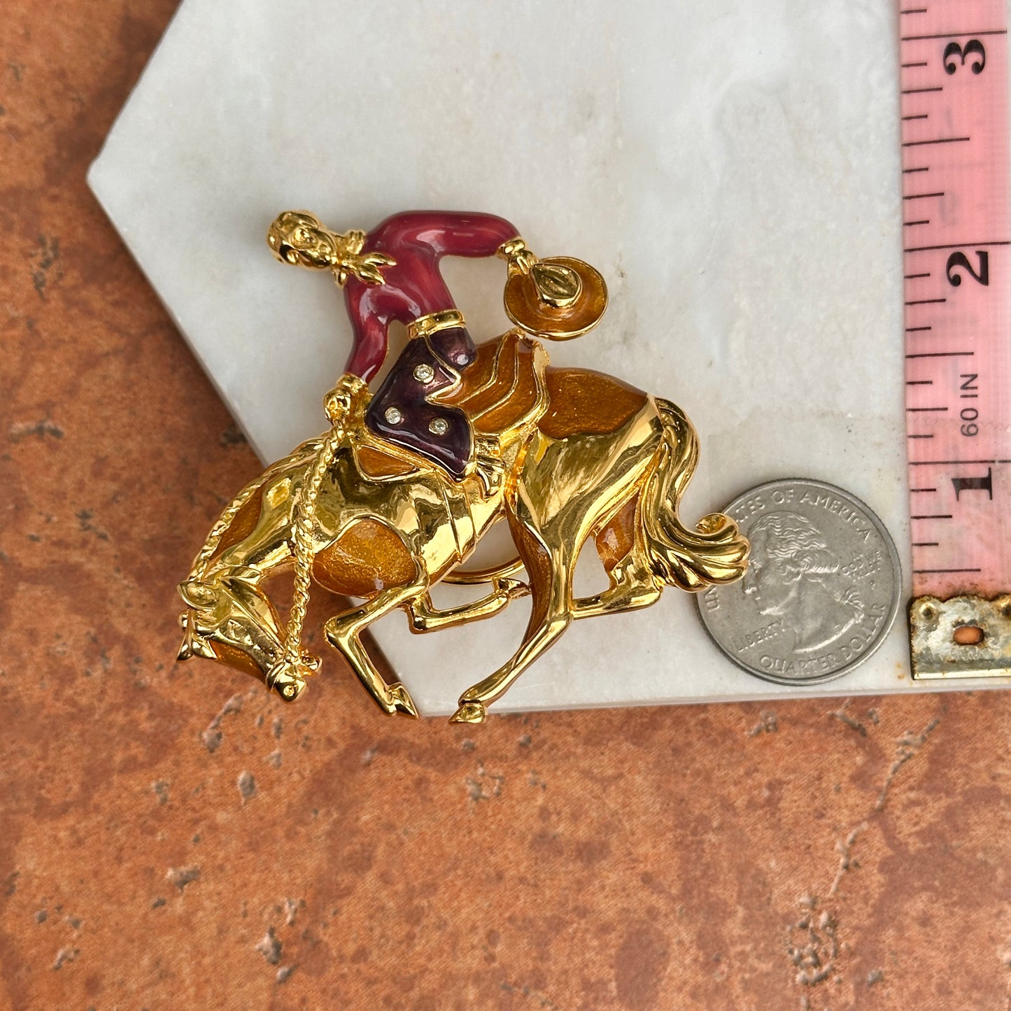 Vintage Yellow Gold-Plated Bob Mackie Cowboy Bucking Bronco Enamel Brooch/ Pin