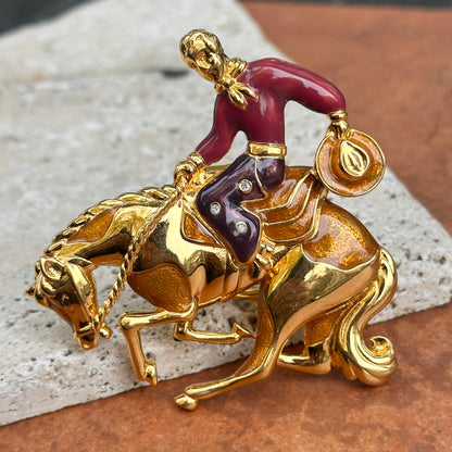 Vintage Yellow Gold-Plated Bob Mackie Cowboy Bucking Bronco Enamel Brooch/ Pin