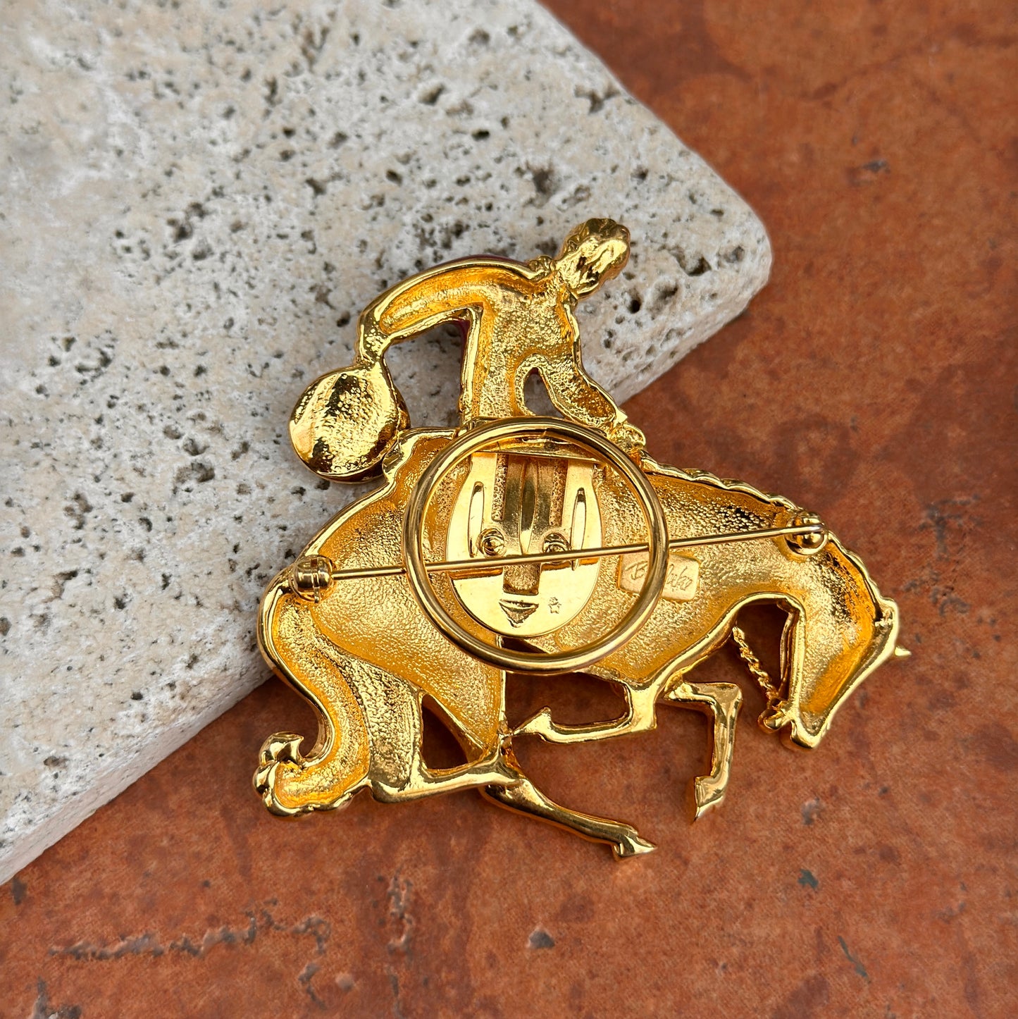 Vintage Yellow Gold-Plated Bob Mackie Cowboy Bucking Bronco Enamel Brooch/ Pin