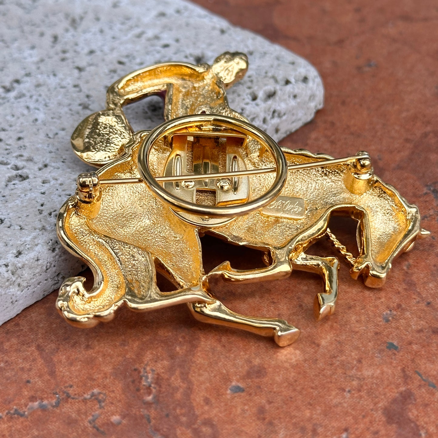 Vintage Yellow Gold-Plated Bob Mackie Cowboy Bucking Bronco Enamel Brooch/ Pin