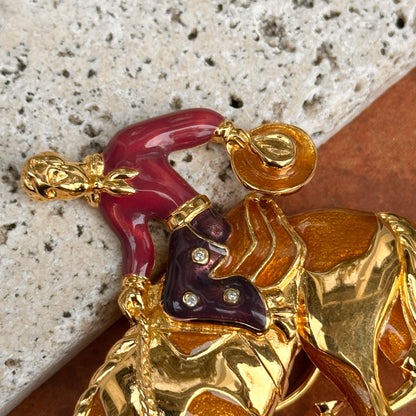 Vintage Yellow Gold-Plated Bob Mackie Cowboy Bucking Bronco Enamel Brooch/ Pin