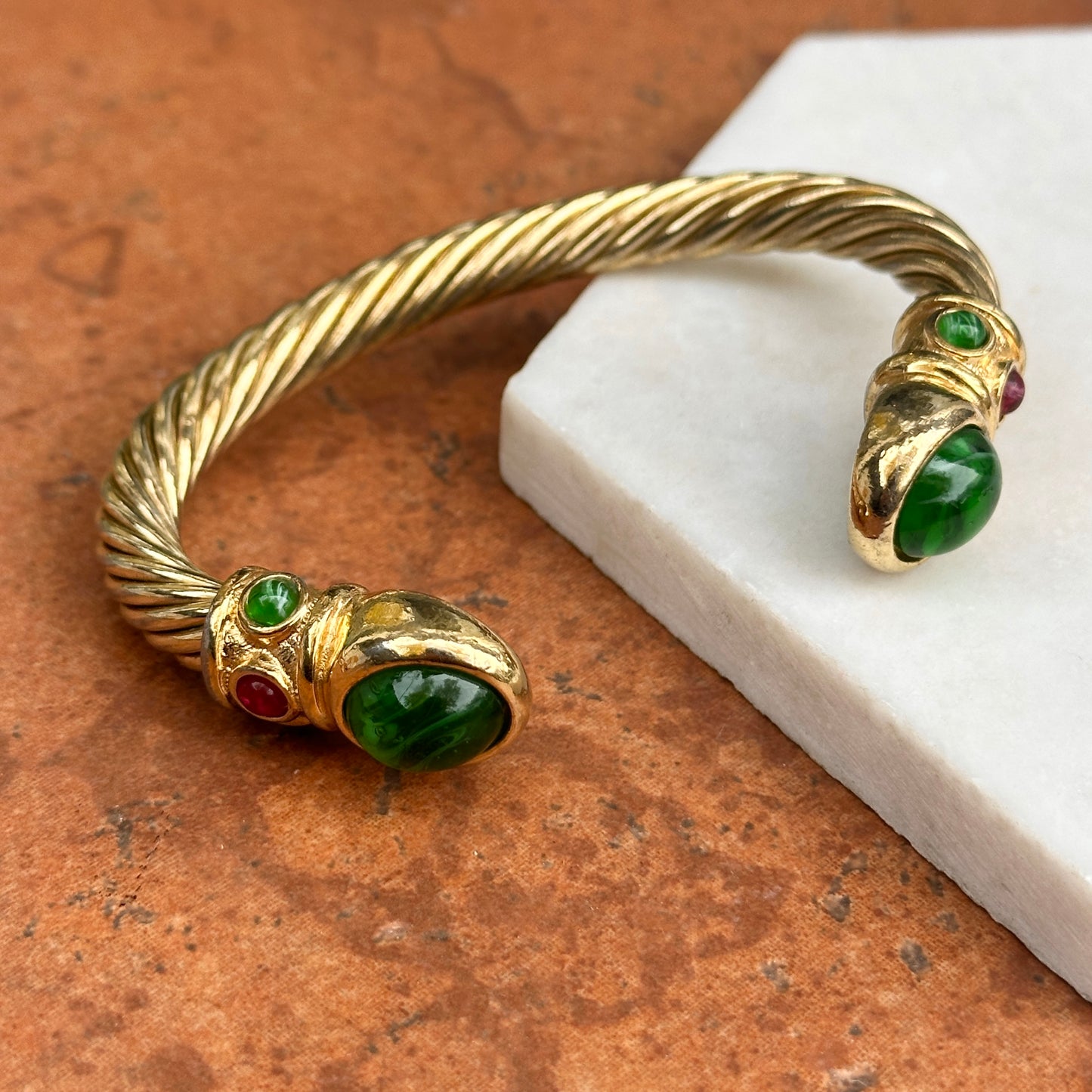 Yellow Gold-Plated Twisted Unisex Synthetic Cabochon Stone Cuff Bracelet