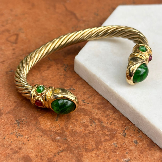 Yellow Gold-Plated Twisted Unisex Synthetic Cabochon Stone Cuff Bracelet