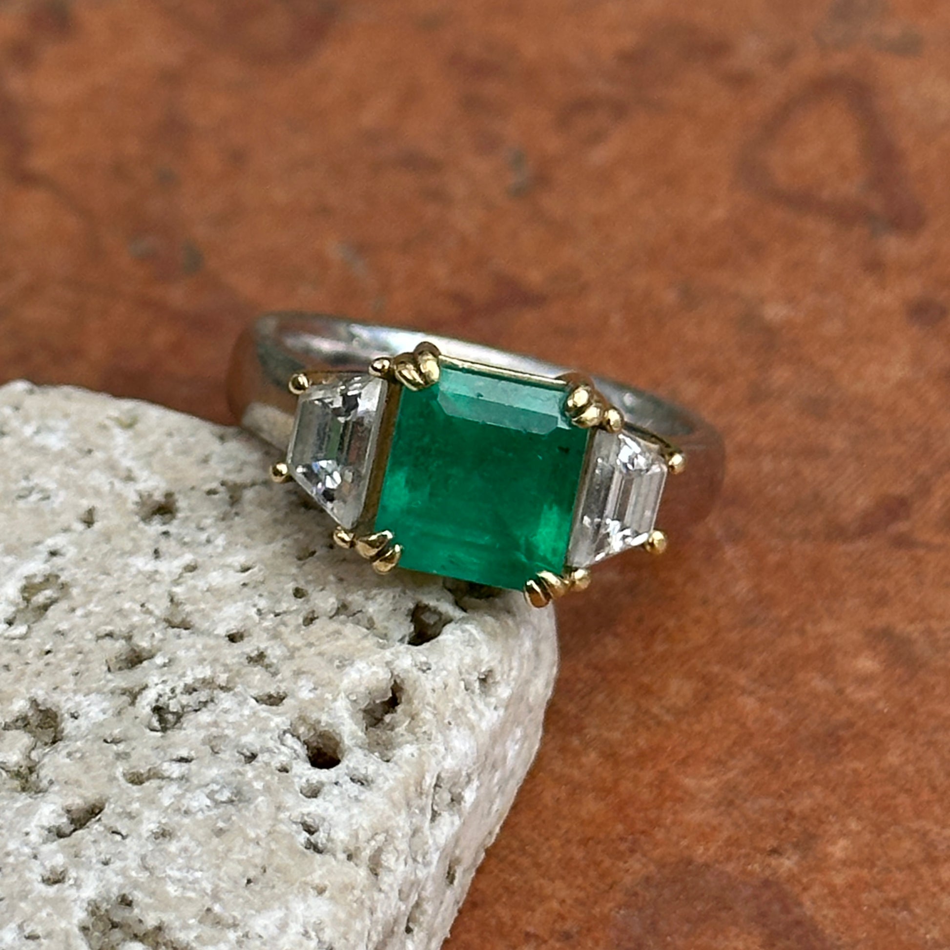 14KT White Gold Emerald-Cut 2.24 CT Emerald + Trapezoid Diamond Ring - LSJ