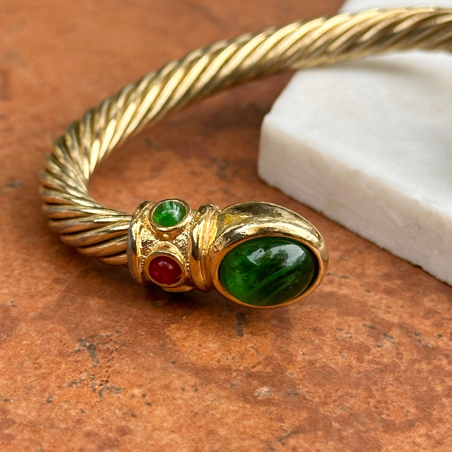 Yellow Gold-Plated Twisted Unisex Synthetic Cabochon Stone Cuff Bracelet