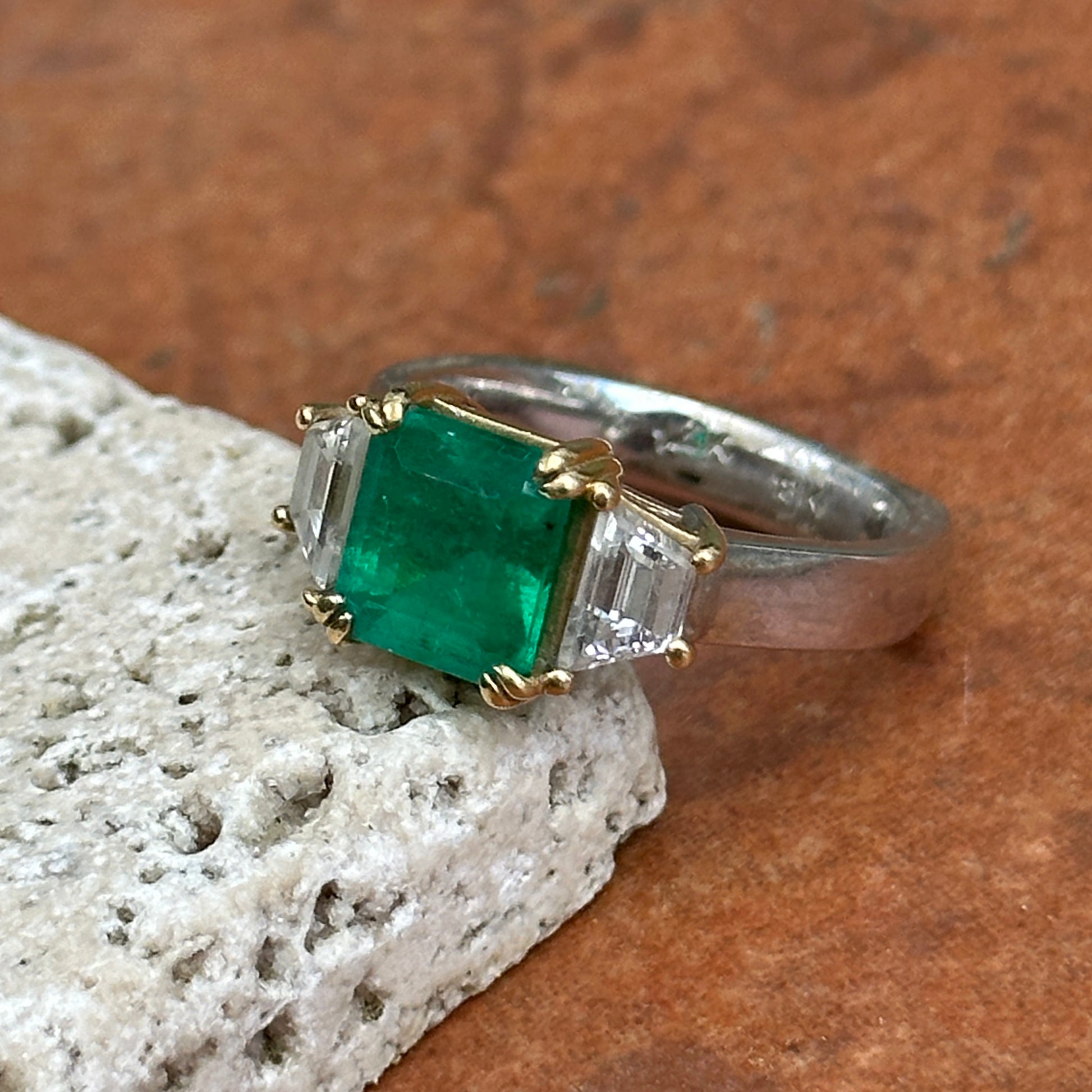 14KT White Gold Emerald-Cut 2.24 CT Emerald + Trapezoid Diamond Ring - LSJ
