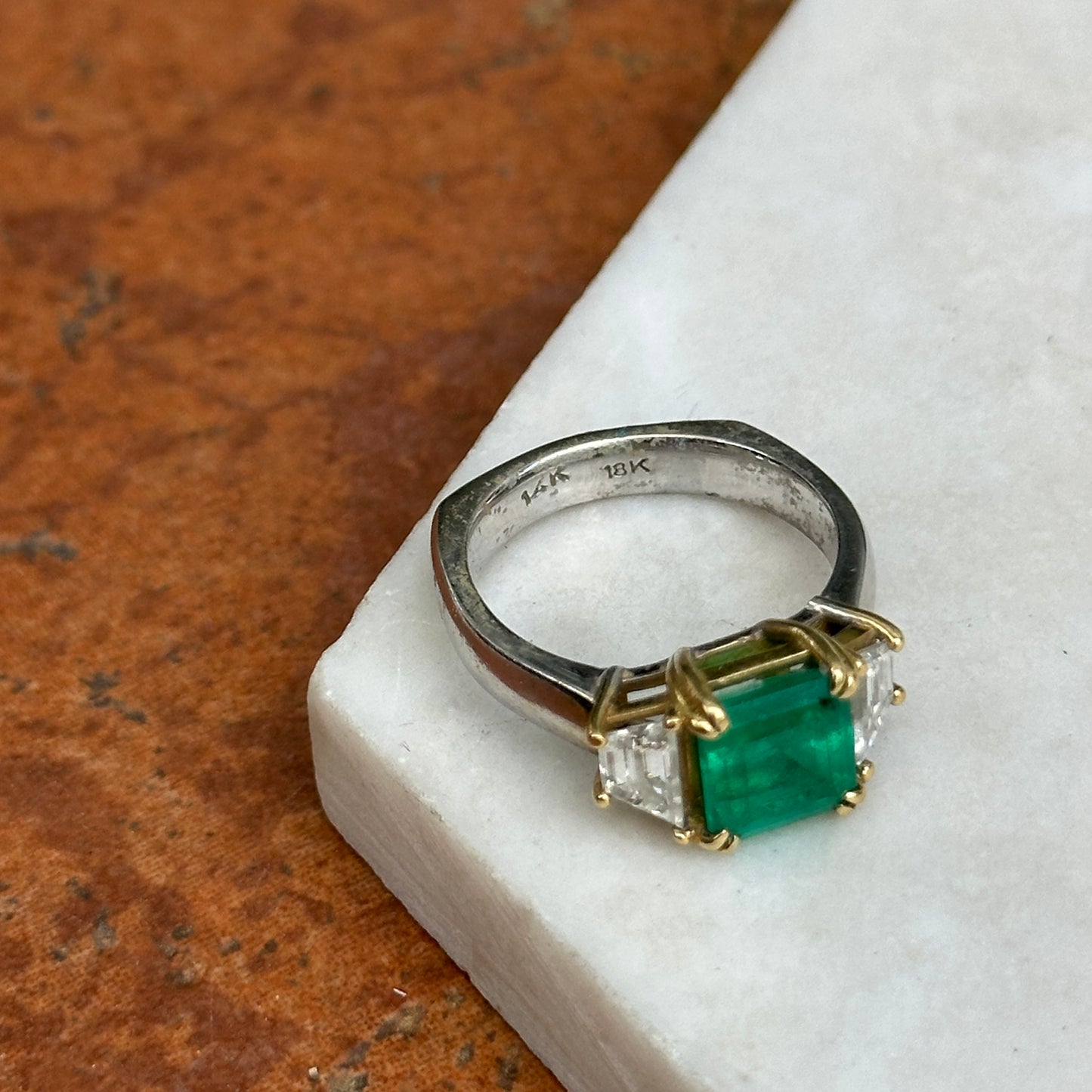 14KT White Gold Emerald-Cut 2.24 CT Emerald + Trapezoid Diamond Ring - LSJ