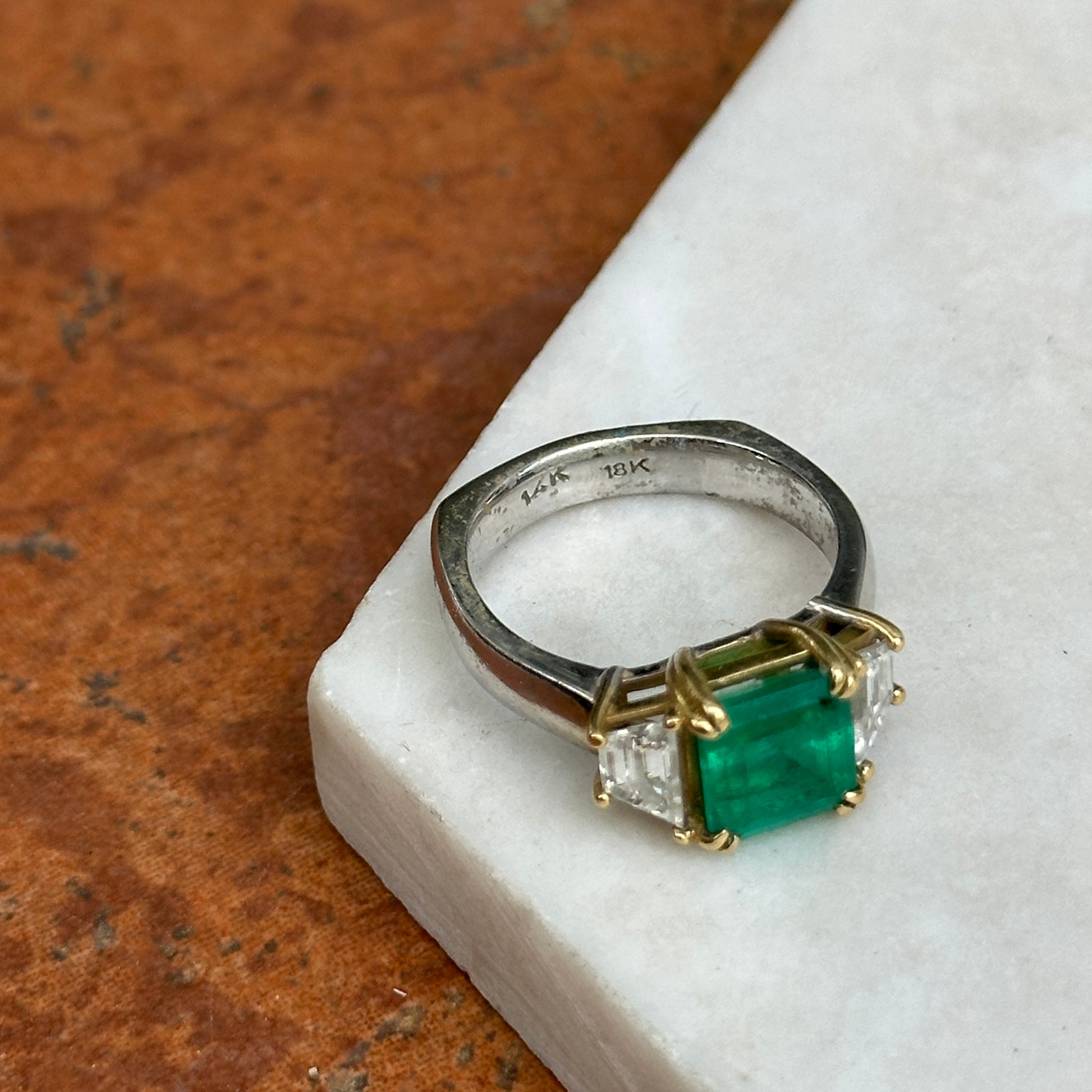 14KT White Gold Emerald-Cut 2.24 CT Emerald + Trapezoid Diamond Ring - LSJ