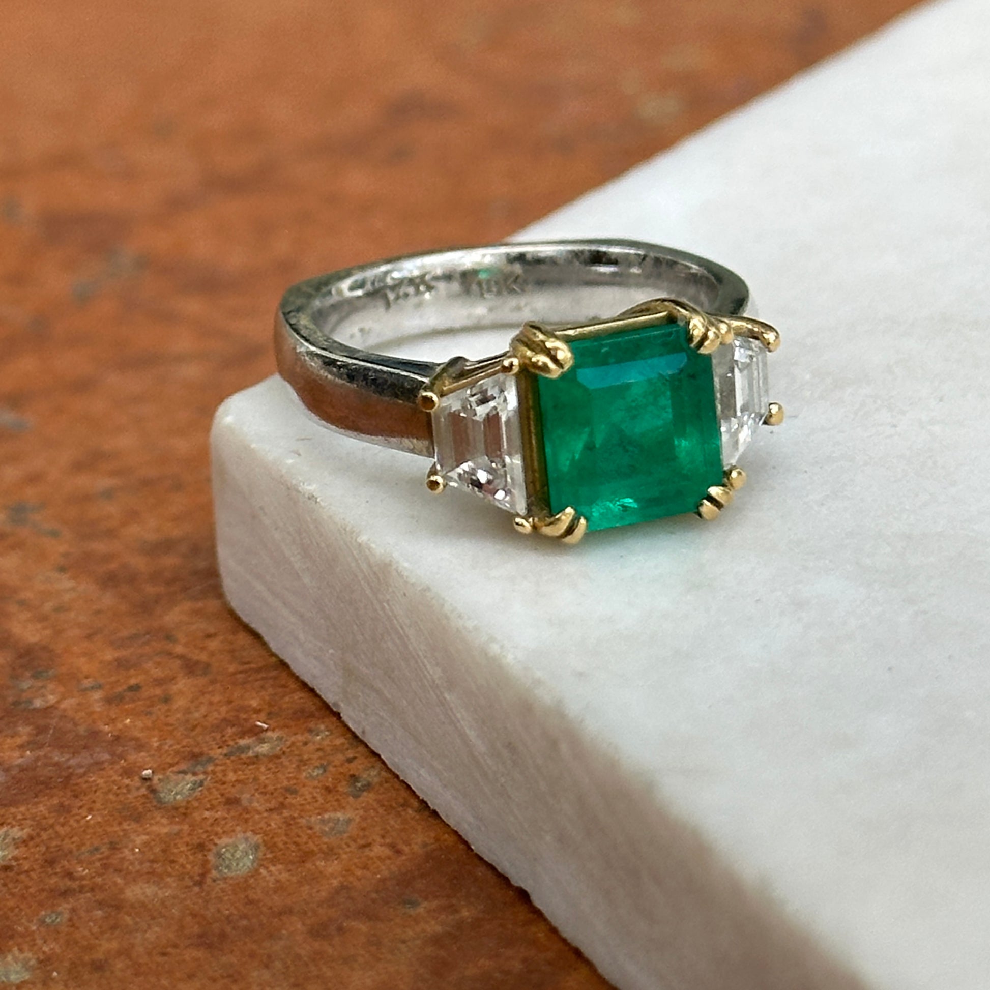 14KT White Gold Emerald-Cut 2.24 CT Emerald + Trapezoid Diamond Ring - LSJ