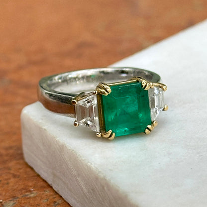 14KT White Gold Emerald-Cut 2.24 CT Emerald + Trapezoid Diamond Ring - LSJ
