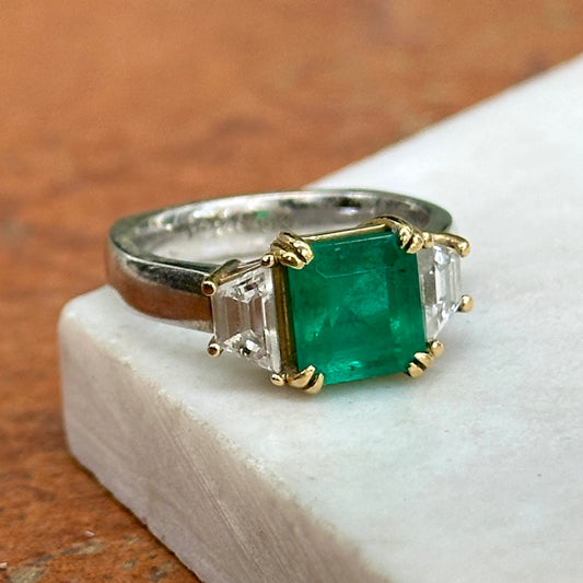 14KT White Gold Emerald-Cut 2.24 CT Emerald + Trapezoid Diamond Ring