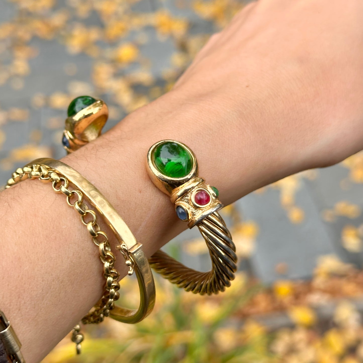 Yellow Gold-Plated Twisted Unisex Synthetic Cabochon Stone Cuff Bracelet