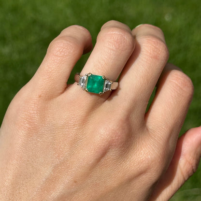 14KT White Gold Emerald-Cut 2.24 CT Emerald + Trapezoid Diamond Ring - LSJ
