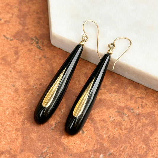 Estate 14KT Yellow Gold Teardrop Black Onyx Dangle Earrings