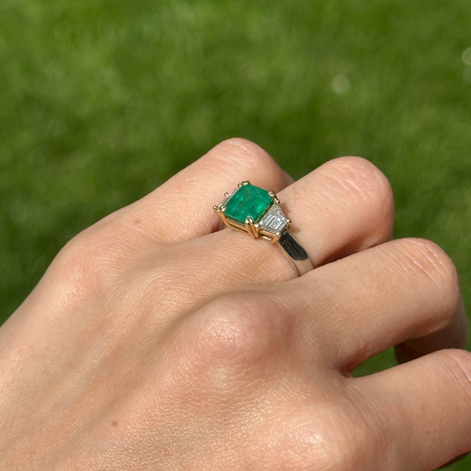 14KT White Gold Emerald-Cut 2.24 CT Emerald + Trapezoid Diamond Ring - LSJ