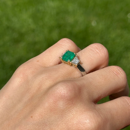 14KT White Gold Emerald-Cut 2.24 CT Emerald + Trapezoid Diamond Ring - LSJ