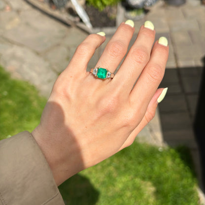 14KT White Gold Emerald-Cut 2.24 CT Emerald + Trapezoid Diamond Ring - LSJ