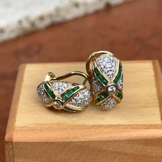 Estate 14KT Yellow Gold Pave Diamond + Square Emerald Omega Earrings