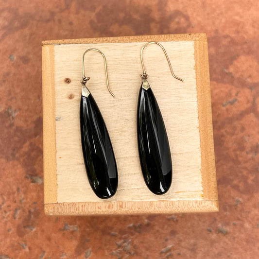 Estate 14KT Yellow Gold Long Teardrop Black Onyx Dangle Earrings