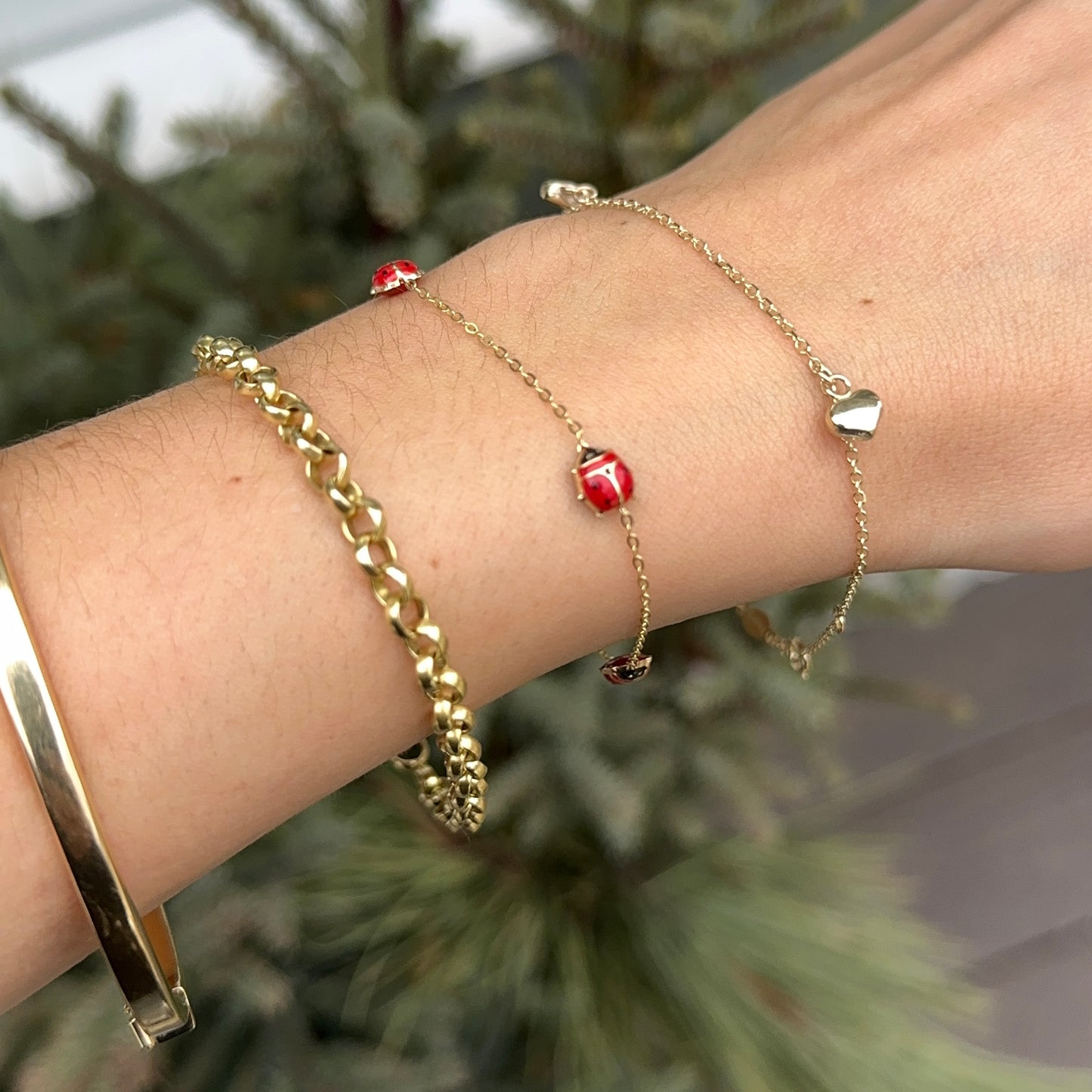 14KT Yellow Gold Red Enamel Triple Ladybug Bracelet