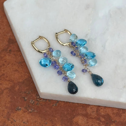 Estate 14KT Yellow Gold  Briolette Blue Topaz Hoop Earrings